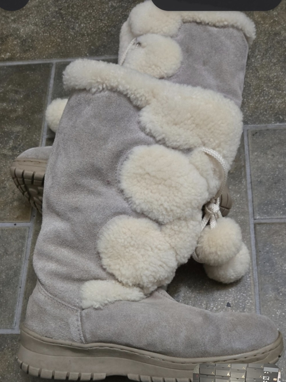 UGG Taupe Suede Shearling Pom-Pom Tall Boots